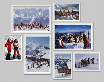 May include: A collection of framed vintage photographs depicting scenes of skiing and winter leisure. The images showcase snowy mountain landscapes, skiers, and social gatherings, evoking a retro aesthetic.