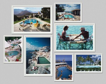 May include: A collection of framed vintage photographs depicting scenes of leisure and luxury. The images showcase swimming pools, sunny landscapes, and people enjoying themselves, evoking a sense of retro travel and relaxation.