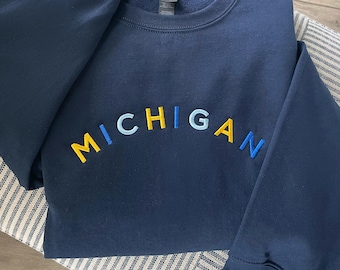 MICHIGAN crewneck sweatshirt, Michigan embroidered sweatshirt, women’s Michigan sweater, University of Michigan sweatshirt for women, multi