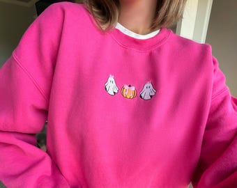 Cute Halloween Sweatshirt, Pink Bow Ghost Embroidered Shirt, Coquette Pumpkin Embroidery, Girly Halloween shirt, cutesy Fall crewneck