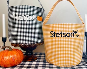 Personalized Halloween Trick or Treat Bag – Custom Embroidered Name Candy Bucket – Kids Reusable Gingham Treat Basket Ghost Bat Pumpkin