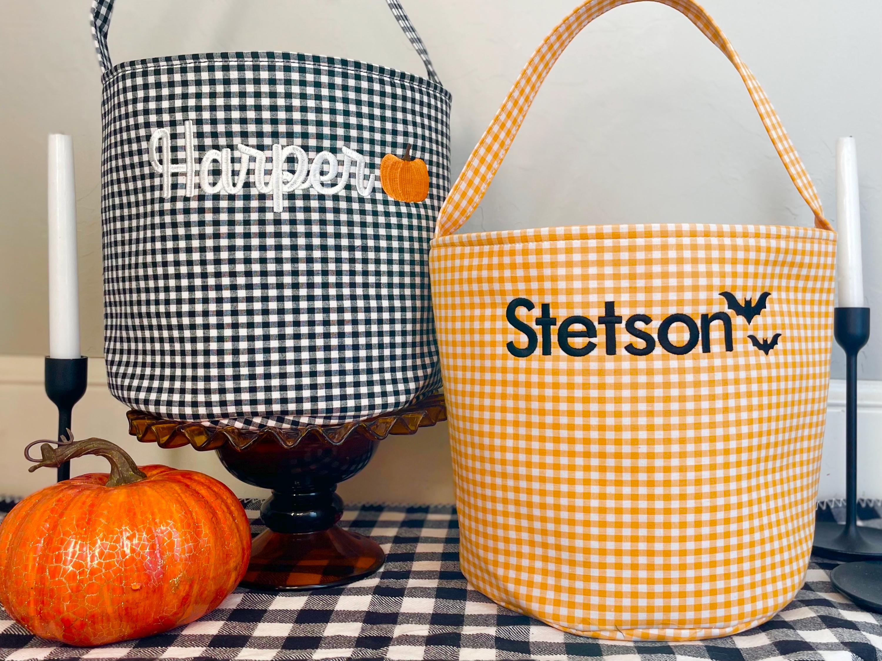 Personalized Halloween Trick or Treat Bag - Custom Embroidered Name Candy Bucket - Kids Reusable Gingham Treat Basket Ghost Bat Pumpkin