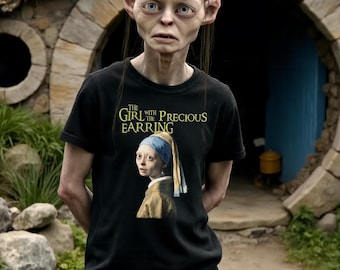 Koszulka Dziewczyna z cennym kolczykiem | Zabawna koszulka fantasy | Koszulka Gollum Gift Smeagol | Kino Geek | Prezent dla miłośnika książek | Kolczyk z perłą