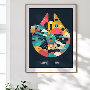 Könnte beinhalten: Gerahmter Kunstdruck mit einer farbenfrohen, geometrischen Darstellung des Millennium Falken vor dunkelblauem Hintergrund. Das Kunstwerk verwendet Pink-, Gelb- und Türkistöne. Der Text "KESSEL RUN" ist unten zu sehen.