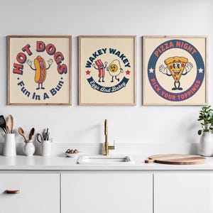 Vintage Americana mascotte keuken poster print set | Voedselkunstwerk Man Cave Retro Art Set | 9 grappige cartoon koken muurkunst digitale download