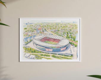 Emirates Stadium Watercolour Style Digital Print | Arsenal Football Fan Art | Birdseye Football Stadium Soccer Poster | Size A2 A3 A4