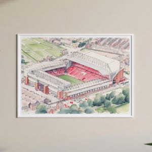Anfield Watercolour Style Digital Print | Liverpool Football Fan Art | Birdseye Football Stadium Soccer Poster Wall Art | Size A2 A3 A4