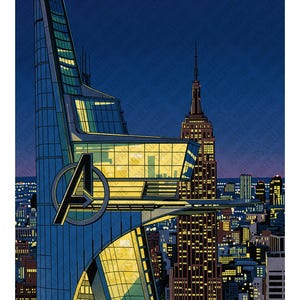 Op de afbeelding: Illustratie van een nachtelijk stadslandschap met de Avengers Tower met het Avengers-logo en het Empire State Building. De gebouwen zijn verlicht tegen een donkerblauwe lucht, met stadslichten op de achtergrond.