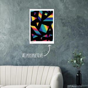 May include: A framed art print featuring a geometric design of colorful, overlapping shapes against a black background. The shapes include triangles and squares with gradients of yellow, blue, and pink. The print is displayed on a gray wall.