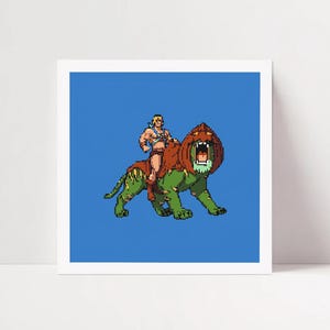 May include: A pixel art print depicting a muscular figure riding a green and brown beast with an open mouth. The figure wears a harness and shorts. The background is a solid blue. The art style is reminiscent of 8-bit video games.