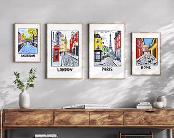 Ensemble de 4 impressions d'art de la ville / impression murale abstraite minimaliste / Londres / Paris / Rome / Amsterdam / Poster de voyage Téléchargement numérique instantané