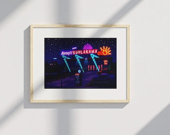 Barney's Bowlarama Graphic Print | The Simpsons Springfield At Night Art | Cartoon Digital Artwork | Colourful | Instant Download Printable