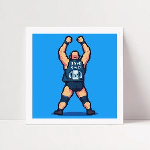 May include: Pixel art print of a wrestler in a black vest with a skull graphic and the words "In the Cold". The wrestler is in a victory pose with arms raised against a blue background.