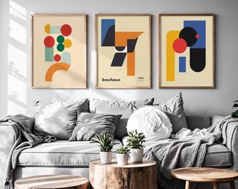 3 Bauhaus Poster Set / Retro Mid Century Modern Print / Vintage Geometrische Galerie Wand Kunst Set / 3-teiliger Wanddekor Sofortiger digitaler Download
