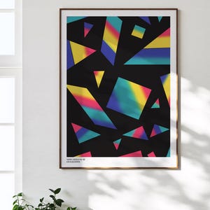 May include: Framed art print featuring a geometric design with colorful, abstract shapes against a black background. The shapes include triangles, squares, and other irregular forms in shades of yellow, pink, blue, and green. Text at the bottom reads "NEWCASTLE 94-95 GOALKEEPER."