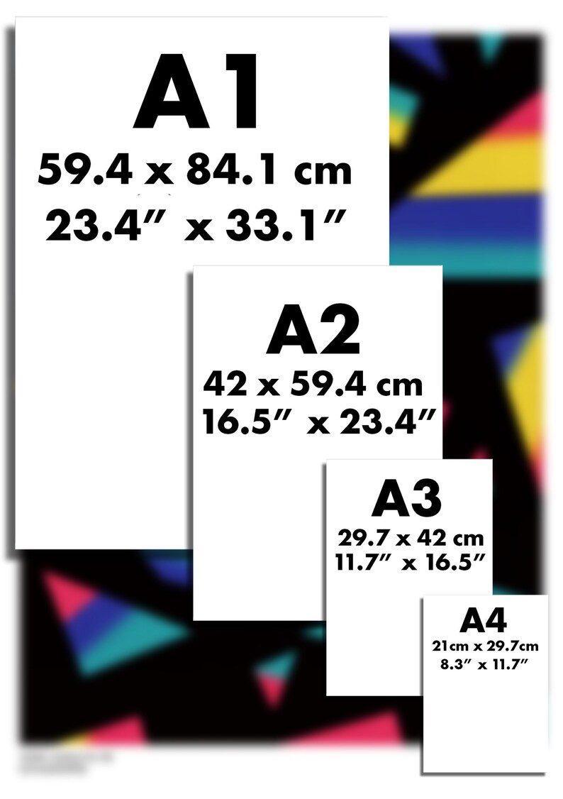 May include: A collection of four white paper sheets labeled A1, A2, A3, and A4, with dimensions in both centimeters and inches. The A1 sheet is 23.4" x 33.1", the A2 is 16.5" x 23.4", the A3 is 11.7" x 16.5", and the A4 is 8.3" x 11.7".