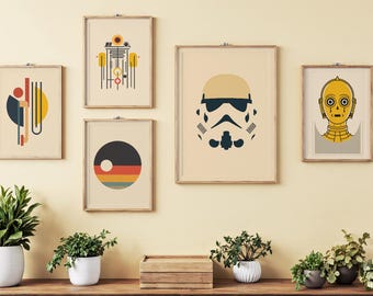 9 Star Wars Bauhaus-postersetcollectie / Retro moderne prenten uit het midden van de eeuw / Vintage filmmuurkunstset muurdecor direct digitaal downloaden