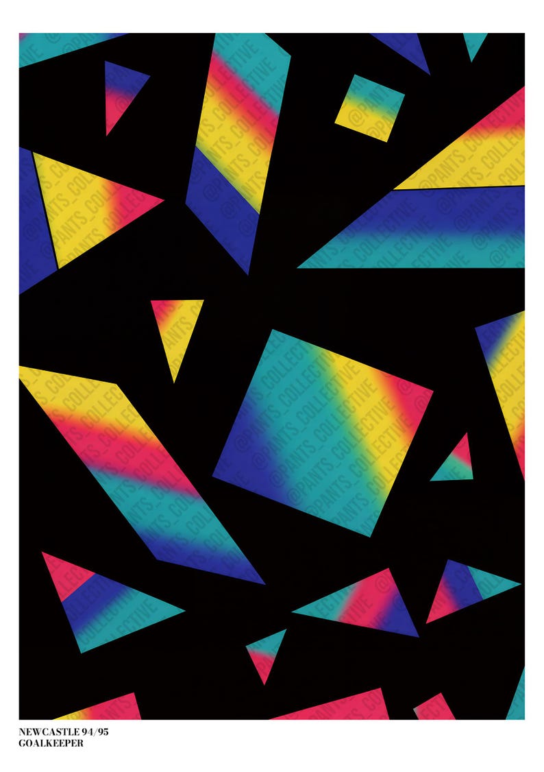 May include: Abstract geometric design on a black background. The design features colorful, angular shapes in shades of yellow, red, blue, and green. The text "NEWCASTLE 94/95 GOALKEEPER" is at the bottom.