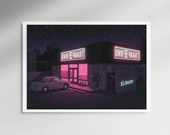 KWIK-E-MART Graphic Print | The Simpsons Springfield At Night Art Poster | Cartoon Digital Wall Artwork | Custom Neon Noir | Size A2 A3 A4