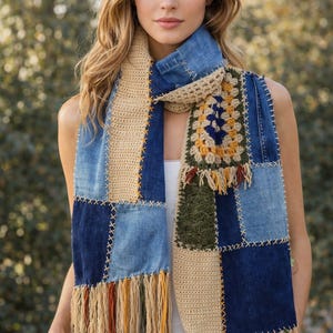 Boho Patchwork Jeansschal mit Oma Quadrat – Handmade Upcycled Accessoire