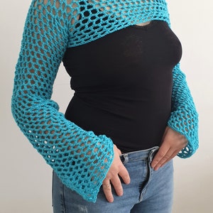 Crochet Mesh Crop Top – Handmade Boho Y2K Sweater – Festival Summer Top – Knitted Bolero Shrug – Sizes XS to XXL – Soft & Stretchy