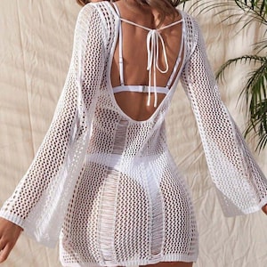 Boho Crochet Beach Dress – Mesh Mini Dress – Lightweight Vacation Outfit