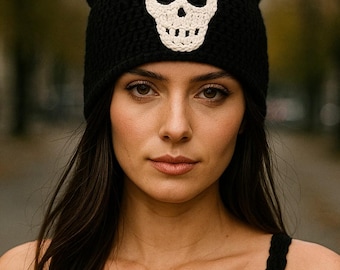 Black Crochet Cat Ear Beanie with Skull Applique – Handmade Goth Winter Hat – Soft Warm Women’s Streetwear Gift