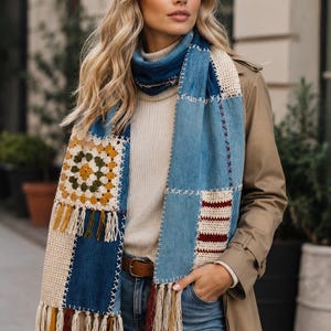 May include: A patchwork scarf with denim and crochet squares. The scarf features a mix of blue denim, cream crochet, and colourful fringe. The design includes a granny square pattern and is accented with white stitching.