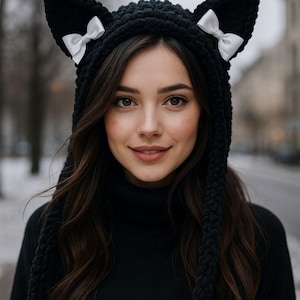 Gothic Cat Ear Hat: Plush Kawaii Beanie with Bows
