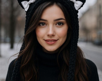Gothic Cat Ear Hat: Plush Kawaii Beanie with Bows