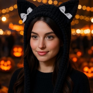 Gothic Cat Ear Hat – Plush Black Kawaii Hat with Bows and Ties – Cosplay Halloween Festival Accessory, Handmade
