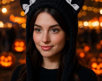 Gothic Cat Ear Hat – Plush Black Kawaii Hat with Bows and Ties – Cosplay Halloween Festival Accessory, Handmade