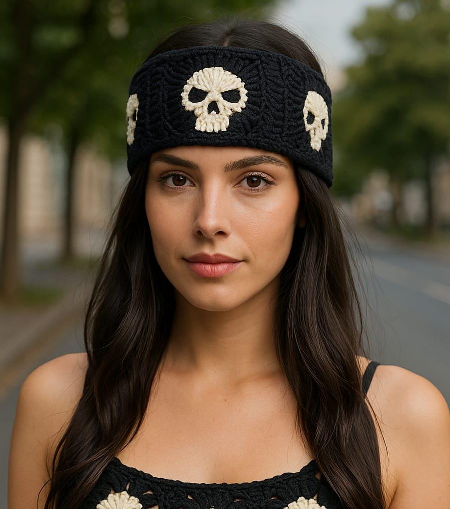 Gothic Skull Crochet Headband – Halloween Hair Accessory – Handmade Gift for Her – Alternative Style Headwrap