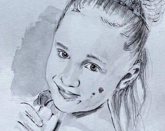 Custom Watercolor Portrait- Black and White- Drawn From Photograph