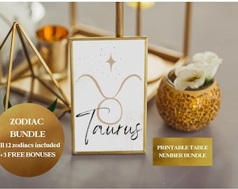 Celestial Zodiac Table Number Template, Celestial Wedding, Astrology Theme, Star Constellations, Table Top Signs, White Gold Watercolor, ZCW