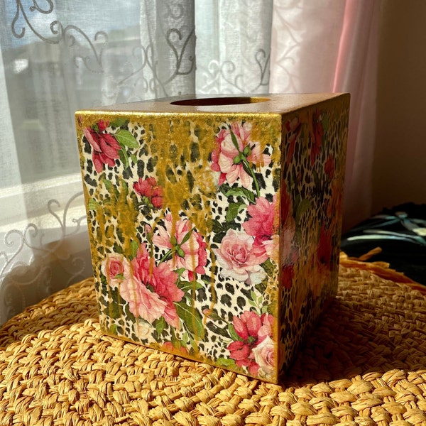Decoupage wooden tissue box cover ,Home Decor, Leopard and rose
