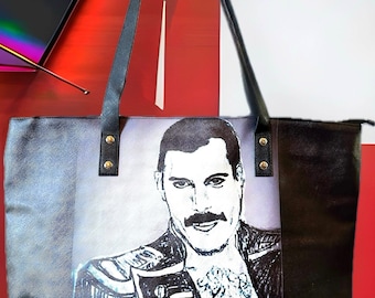 Freddie Mercury “We’re All Legends” Faux Leather Hand Drawn Art Statement Tote Bag | Gift For Music Lovers