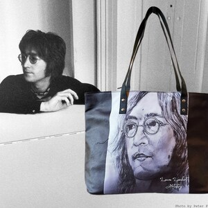 John Lennon Hand Drawn Art Faux Leather Tote Bag | 60’s & 70’s Rock Star Bag