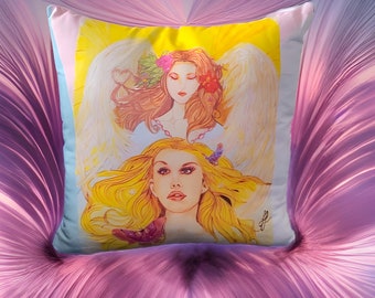 Guardian Angel  “16 x 16” Original Hand Drawn Art Throw Pillow | Statement Pillow | Angel Gifts | Inspirational | Home Decor | One Of A Kind