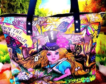 Alice’s Self Love Journey Faux Leather Statement Tote Bag | Original Hand Drawn Artwork | Alice In Wonderland Bag | Inspiration