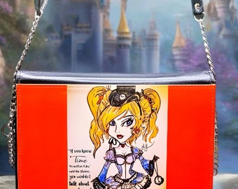 Alice In Wonderland “Time” Original Hand Drawn Art, Faux Leather, Statement Shoulder/ Crossbody Bag | Chain Purse | One Of A Kind Bag