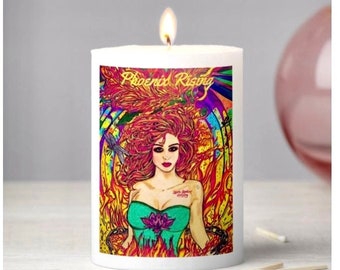 Phoenix Rising Pillar Beeswax Candle | Hand Drawn Art | Inspirational Candle | Empowering Gifts| Custom Art Statement Candle | One Of A Kind