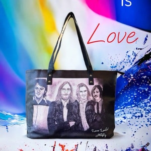 The Beatles Hand Drawn Art Faux Leather Tote Bag | Gift For Music Lovers | 60’s Rock Star Bag | Fab Four
