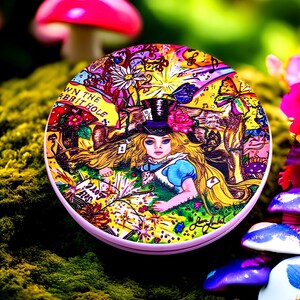 Alice’s Self Love Journey Original Hand Drawn Art Design Compact Mirror | Alice In Wonderland Statement Accessory | Unique Gifts