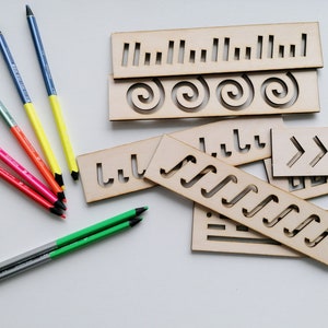 Montessori wood stencil set Waldorf pre-writing boards set kids educational Stencil set pre writing tracing board set Montessori activity image 7