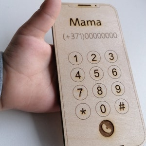 Personalized Wood Phone for kid help learn numbers, Montessori Child Custom Play cell Phone, Pretend play both side engrave toy