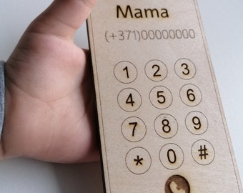 Personalized Wood Phone for kid help learn numbers, Montessori Child Custom Play cell Phone, Pretend play both side engrave toy