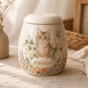 Puede incluir: Un tarro de cerámica color crema con tapa a juego, que presenta una ilustración detallada de un gato atigrado marrón rodeado de flores coloridas, hojas verdes y una pequeña mariposa. La palabra PUMPKIN está impresa en una etiqueta decorativa.