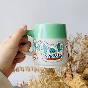 Kawaii Cactus Hand-Painted Ceramic Mugs to Brighten Your Day, Personalized Soft-Hued Pottery Mug for Heartwarming Moments