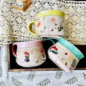 Handmade Cottagecore Ceramic Mug – Hand-Painted Rustic Coffee Cup with Whimsical Floral Design